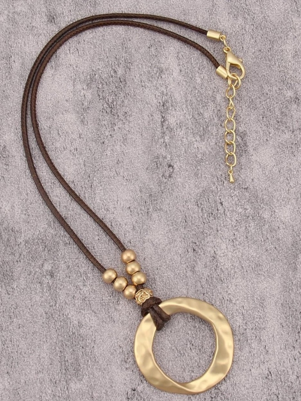 Anthropologie Gold Hammered Ring Pendant Necklace on Brown Cord - Picture 7 of 9
